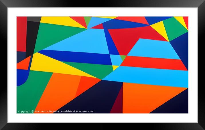 Abstract geometric background with vibrant overlapping triangles in red, blue, green, and yellow. Framed Mounted Print by Man And Life