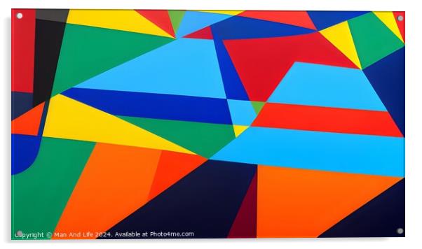 Abstract geometric background with vibrant overlapping triangles in red, blue, green, and yellow. Acrylic by Man And Life