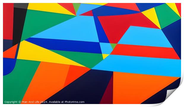 Abstract geometric background with vibrant overlapping triangles in red, blue, green, and yellow. Print by Man And Life