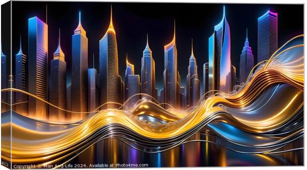 Futuristic city skyline with dynamic light trails and illuminated skyscrapers at night. Canvas Print by Man And Life