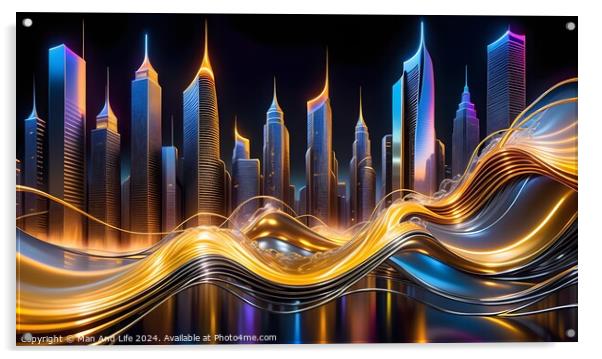 Futuristic city skyline with dynamic light trails and illuminated skyscrapers at night. Acrylic by Man And Life