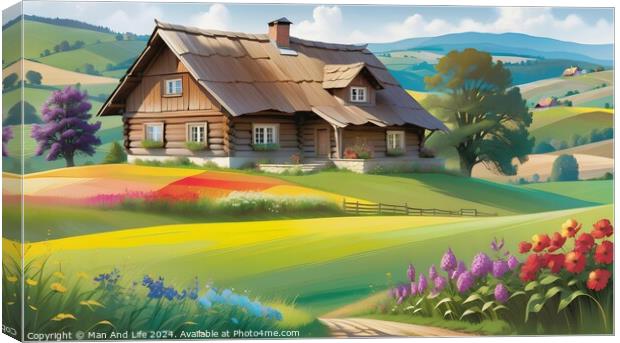 Idyllic countryside scene with a traditional wooden house amidst vibrant floral fields and rolling hills under a clear sky. Canvas Print by Man And Life