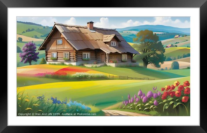 Idyllic countryside scene with a traditional wooden house amidst vibrant floral fields and rolling hills under a clear sky. Framed Mounted Print by Man And Life