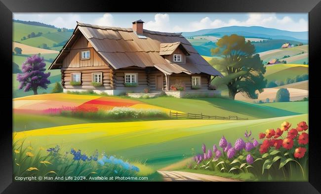 Idyllic countryside scene with a traditional wooden house amidst vibrant floral fields and rolling hills under a clear sky. Framed Print by Man And Life