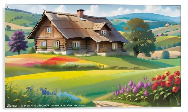 Idyllic countryside scene with a traditional wooden house amidst vibrant floral fields and rolling hills under a clear sky. Acrylic by Man And Life