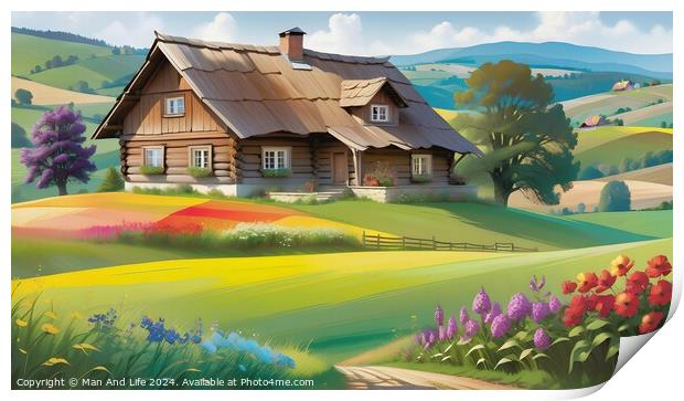 Idyllic countryside scene with a traditional wooden house amidst vibrant floral fields and rolling hills under a clear sky. Print by Man And Life
