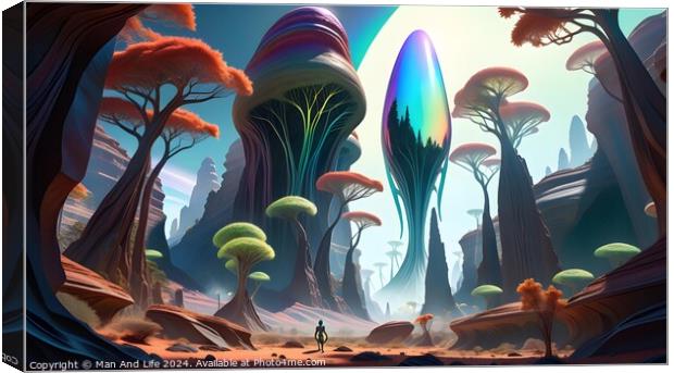 Surreal alien landscape with vibrant, oversized mushrooms and a lone figure exploring the fantastical terrain under a colorful sky. Canvas Print by Man And Life