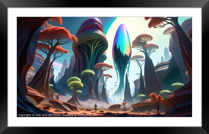 Surreal alien landscape with vibrant, oversized mushrooms and a lone figure exploring the fantastical terrain under a colorful sky. Framed Mounted Print by Man And Life