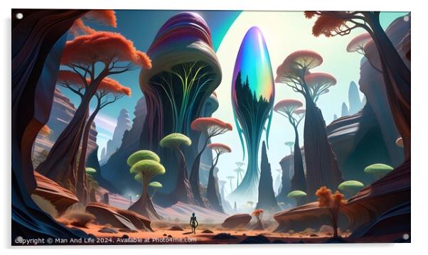 Surreal alien landscape with vibrant, oversized mushrooms and a lone figure exploring the fantastical terrain under a colorful sky. Acrylic by Man And Life