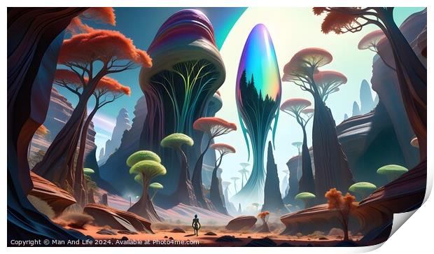 Surreal alien landscape with vibrant, oversized mushrooms and a lone figure exploring the fantastical terrain under a colorful sky. Print by Man And Life