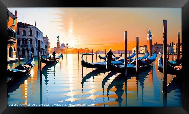 Scenic view of gondolas on tranquil water with a vibrant sunset in Venice, Italy, reflecting warm hues on the Grand Canal against a picturesque city backdrop. Framed Print by Man And Life