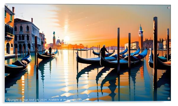 Scenic view of gondolas on tranquil water with a vibrant sunset in Venice, Italy, reflecting warm hues on the Grand Canal against a picturesque city backdrop. Acrylic by Man And Life