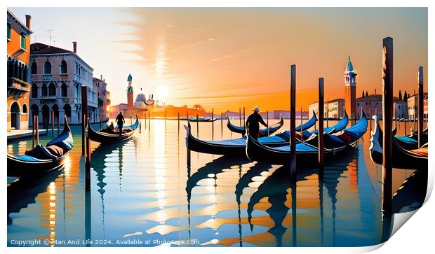 Scenic view of gondolas on tranquil water with a vibrant sunset in Venice, Italy, reflecting warm hues on the Grand Canal against a picturesque city backdrop. Print by Man And Life