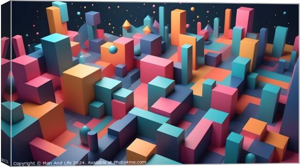 Abstract 3D render of colorful geometric shapes on a dark background, depicting a vibrant cityscape or graph visualization. Canvas Print by Man And Life