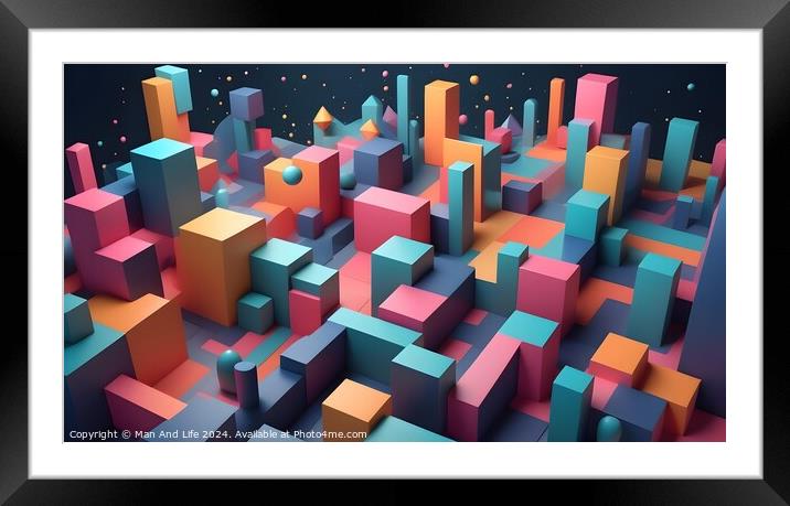 Abstract 3D render of colorful geometric shapes on a dark background, depicting a vibrant cityscape or graph visualization. Framed Mounted Print by Man And Life