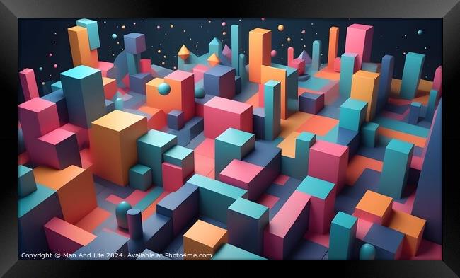 Abstract 3D render of colorful geometric shapes on a dark background, depicting a vibrant cityscape or graph visualization. Framed Print by Man And Life