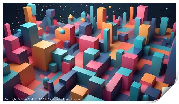 Abstract 3D render of colorful geometric shapes on a dark background, depicting a vibrant cityscape or graph visualization. Print by Man And Life