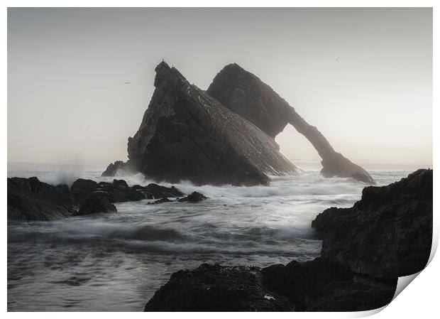 Pre Dawn Mist at Bow Fiddle Rock Print by Anthony McGeever