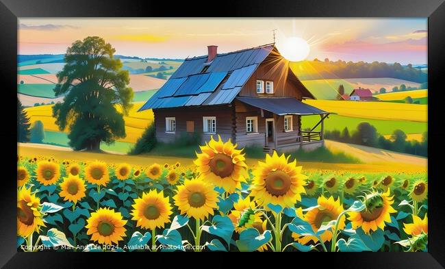 Idyllic rural scene with a wooden cottage amidst vibrant sunflower fields at sunset. Framed Print by Man And Life