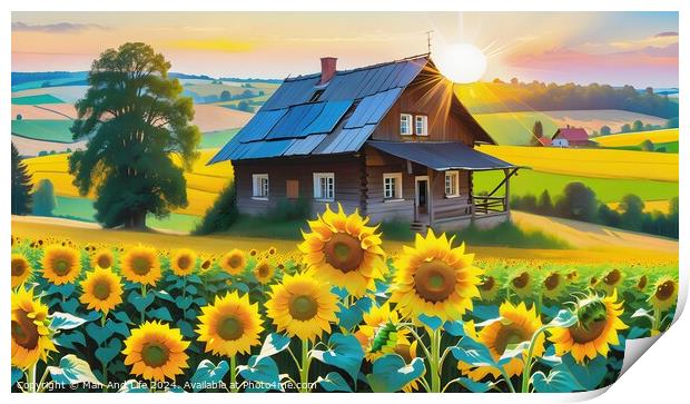 Idyllic rural scene with a wooden cottage amidst vibrant sunflower fields at sunset. Print by Man And Life