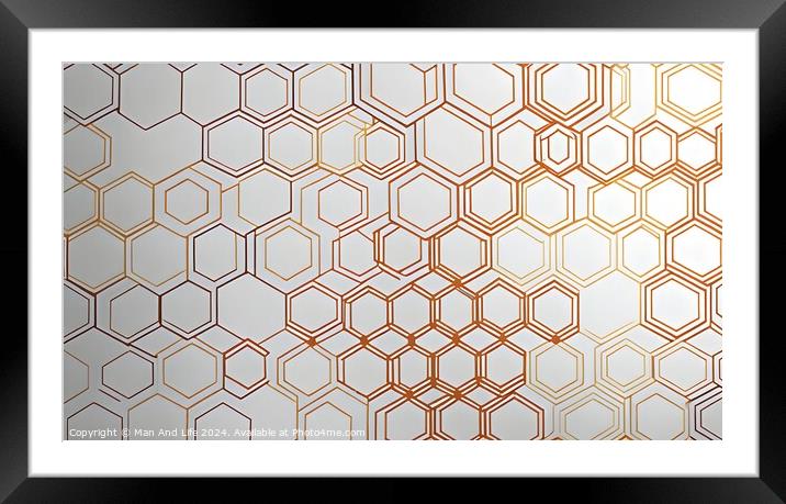 Elegant geometric pattern with hexagons in gradient shades from white to orange, suitable for backgrounds, wallpapers, or graphic design elements. Framed Mounted Print by Man And Life