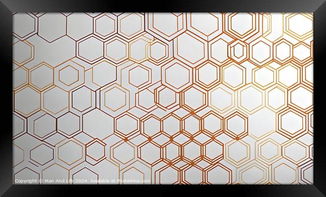 Elegant geometric pattern with hexagons in gradient shades from white to orange, suitable for backgrounds, wallpapers, or graphic design elements. Framed Print by Man And Life