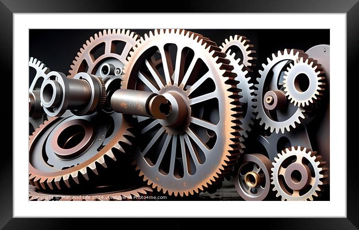 Assorted metal gears and cogs in a machinery concept on a black background. Framed Mounted Print by Man And Life