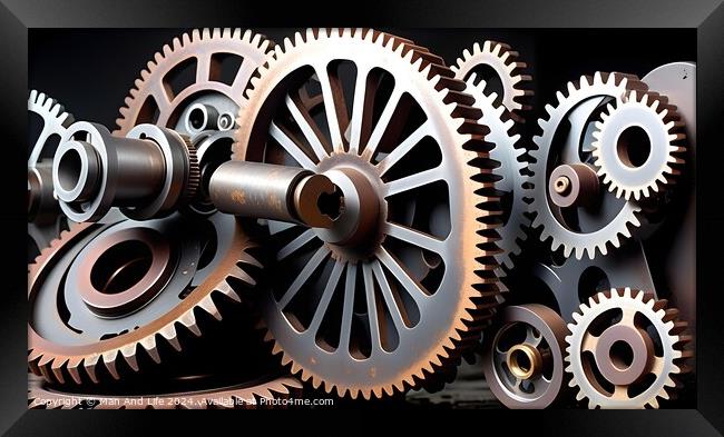 Assorted metal gears and cogs in a machinery concept on a black background. Framed Print by Man And Life