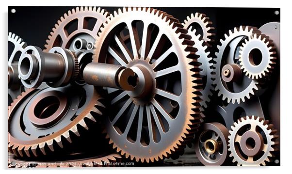 Assorted metal gears and cogs in a machinery concept on a black background. Acrylic by Man And Life