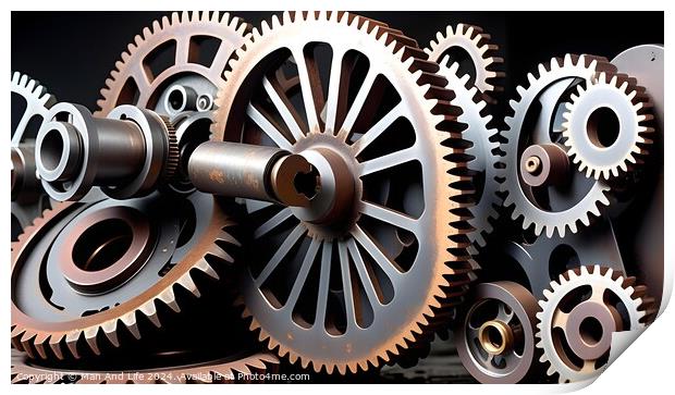 Assorted metal gears and cogs in a machinery concept on a black background. Print by Man And Life
