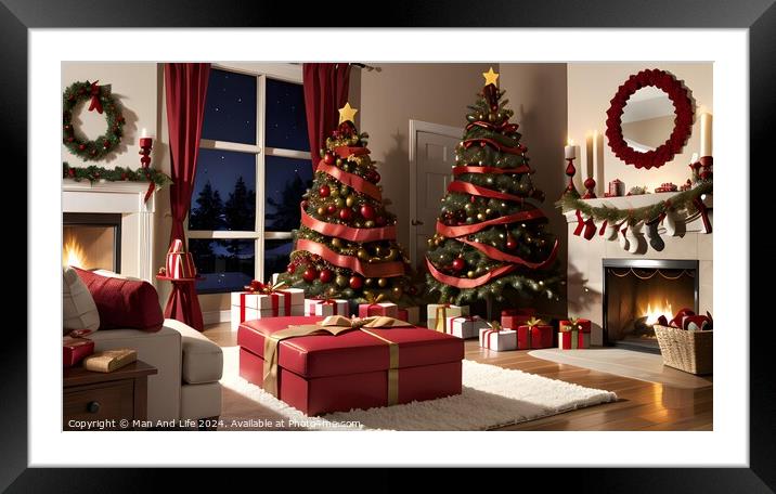 Cozy Christmas living room interior with decorated trees, gifts, and fireplace at twilight. Framed Mounted Print by Man And Life