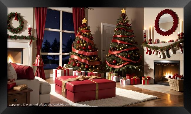 Cozy Christmas living room interior with decorated trees, gifts, and fireplace at twilight. Framed Print by Man And Life