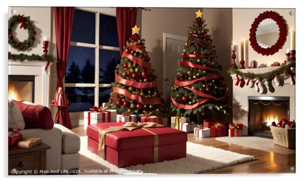 Cozy Christmas living room interior with decorated trees, gifts, and fireplace at twilight. Acrylic by Man And Life