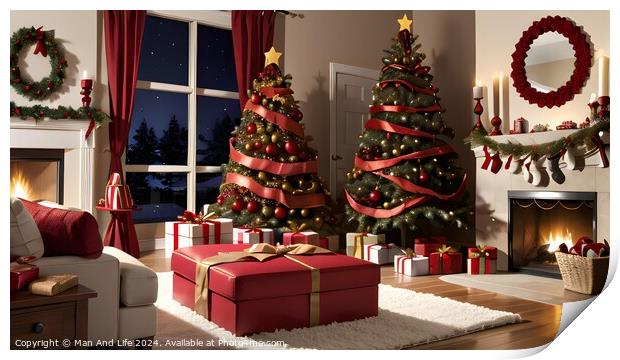 Cozy Christmas living room interior with decorated trees, gifts, and fireplace at twilight. Print by Man And Life