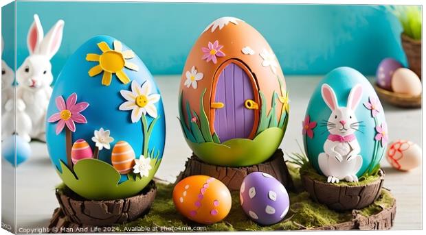 Colorful hand-painted Easter eggs with floral and bunny designs displayed on wooden stands. Canvas Print by Man And Life