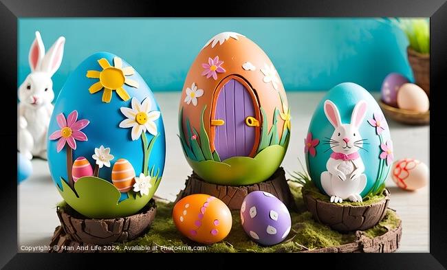 Colorful hand-painted Easter eggs with floral and bunny designs displayed on wooden stands. Framed Print by Man And Life