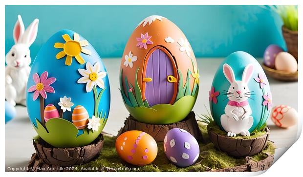 Colorful hand-painted Easter eggs with floral and bunny designs displayed on wooden stands. Print by Man And Life