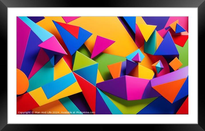 Colorful abstract geometric background with overlapping paper triangles and shapes in a dynamic composition. Framed Mounted Print by Man And Life