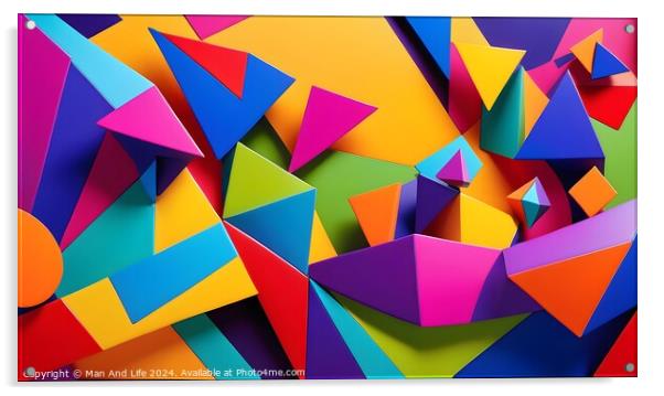 Colorful abstract geometric background with overlapping paper triangles and shapes in a dynamic composition. Acrylic by Man And Life