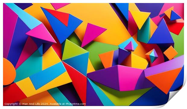 Colorful abstract geometric background with overlapping paper triangles and shapes in a dynamic composition. Print by Man And Life