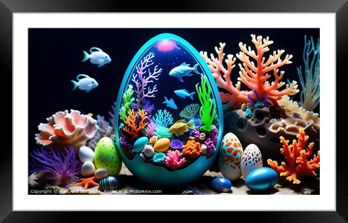 Colorful Easter egg with underwater scene among coral reefs on dark background, blending holiday and marine life concepts. Framed Mounted Print by Man And Life