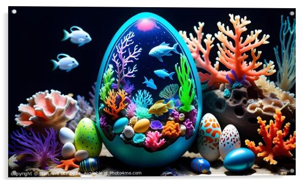 Colorful Easter egg with underwater scene among coral reefs on dark background, blending holiday and marine life concepts. Acrylic by Man And Life