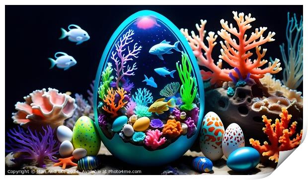 Colorful Easter egg with underwater scene among coral reefs on dark background, blending holiday and marine life concepts. Print by Man And Life