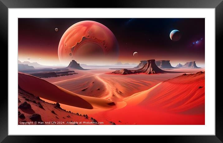 Surreal alien landscape with red sand dunes under a starry sky, featuring multiple large planets rising on the horizon, evoking a sense of exploration and science fiction. Framed Mounted Print by Man And Life