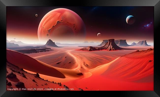 Surreal alien landscape with red sand dunes under a starry sky, featuring multiple large planets rising on the horizon, evoking a sense of exploration and science fiction. Framed Print by Man And Life