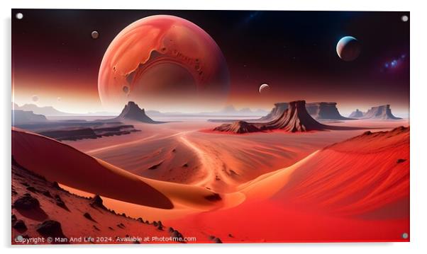 Surreal alien landscape with red sand dunes under a starry sky, featuring multiple large planets rising on the horizon, evoking a sense of exploration and science fiction. Acrylic by Man And Life