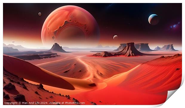 Surreal alien landscape with red sand dunes under a starry sky, featuring multiple large planets rising on the horizon, evoking a sense of exploration and science fiction. Print by Man And Life