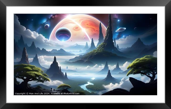 Surreal fantasy landscape with majestic mountains, ethereal trees, and a sky graced by giant planets, moons, and a distant galaxy, evoking a sense of otherworldly adventure. Framed Mounted Print by Man And Life