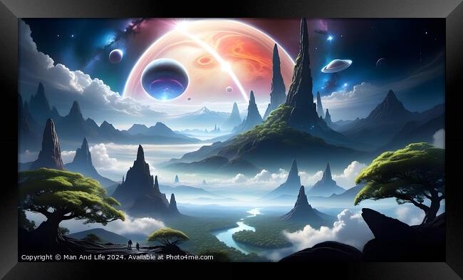 Surreal fantasy landscape with majestic mountains, ethereal trees, and a sky graced by giant planets, moons, and a distant galaxy, evoking a sense of otherworldly adventure. Framed Print by Man And Life