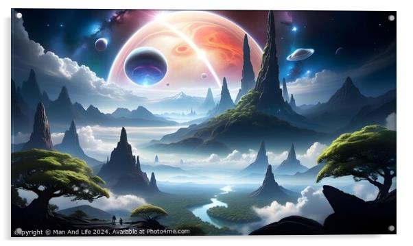 Surreal fantasy landscape with majestic mountains, ethereal trees, and a sky graced by giant planets, moons, and a distant galaxy, evoking a sense of otherworldly adventure. Acrylic by Man And Life